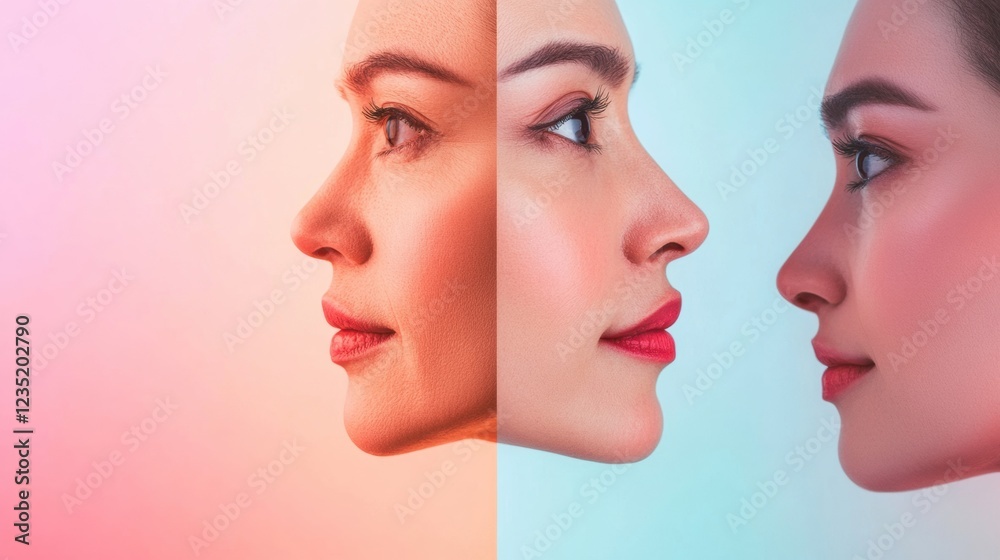 Poster comparison of aging signs and youthfulness in two faces highlighting beauty and time. generative ai