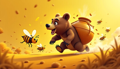 Happy bear running with honey pot in a golden field