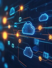 Obraz premium Networked cloud computing concept with bright, interconnected icons and glowing storage points