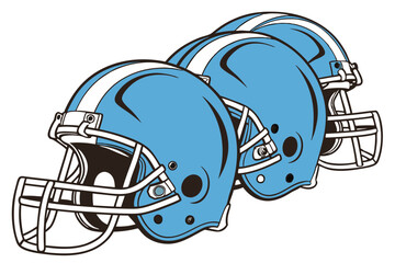 American football helmets, bright blue, shiny, glossy, protective gear, sports equipment, row of helmets, white background, detailed facemasks, side view, professional photography, product showcase, a