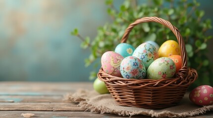 Happy easter, Easter painted eggs in the basket on wooden rustic table for your decoration in holiday. copy space