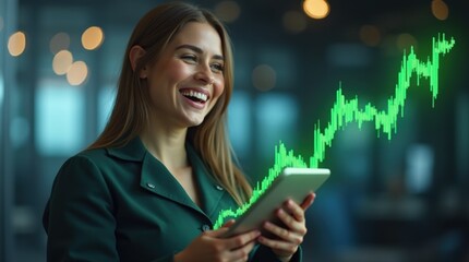 Professional woman smiles while analyzing financial data on a tablet in a modern office with stock market graphics glowing in the background
