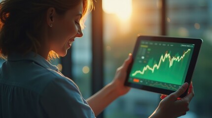 Woman smiles while analyzing stock market trends on tablet during sunset in a modern office setting with vibrant cityscape background