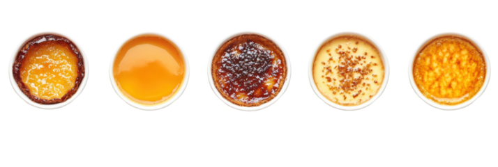 Verschiedene Gourmet-Crème Brûlée in weißen Schüsseln, in einer Reihe vor transparentem Hintergrund präsentiert png
