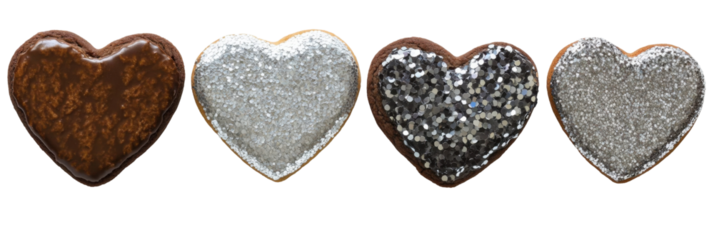 Verschiedene herzförmige Kekse mit Schokoladen- und Silberverzierungen auf transparentem Hintergrund png