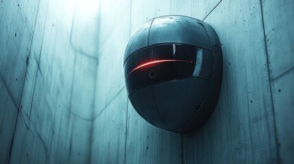Futuristic spherical robot on concrete wall, scanning