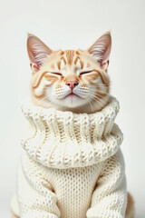Cozy Cat in Knit Sweater: An adorable ginger cat, eyes gently closed, sits serenely wearing a chunky cream-colored knit sweater.  The image evokes feelings of warmth, comfort, and tranquility.