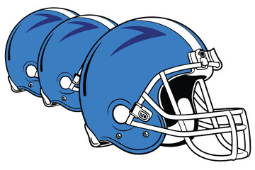 American football helmets, bright blue, shiny, glossy, protective gear, sports equipment, row of helmets, white background, detailed facemasks, side view, professional photography, product showcase, a