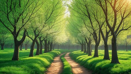 Fototapeta premium Scenic tree-lined path in a lush green forest