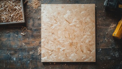 Woodworking Project with OSB Board and Shavings on Workbench