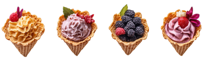 Verschiedene Beeren-Eistüten mit frischen Früchten und Waffelkörbchen png