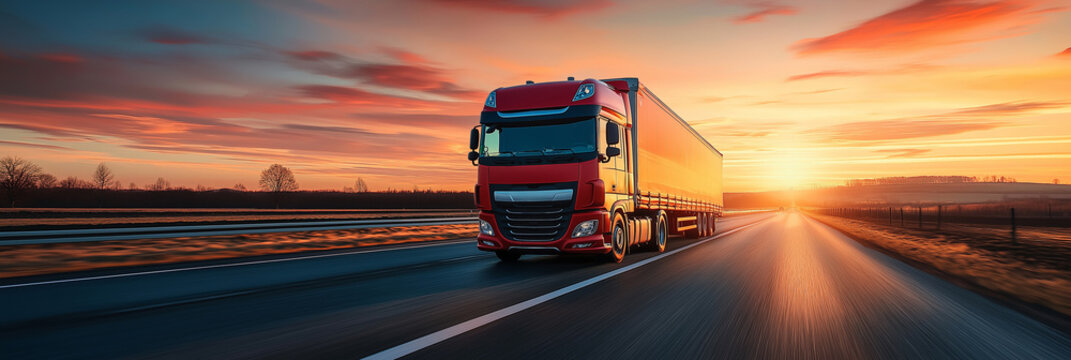 A powerful red truck speeds down an open road at sunset, capturing a spirit of freedom and adventure.