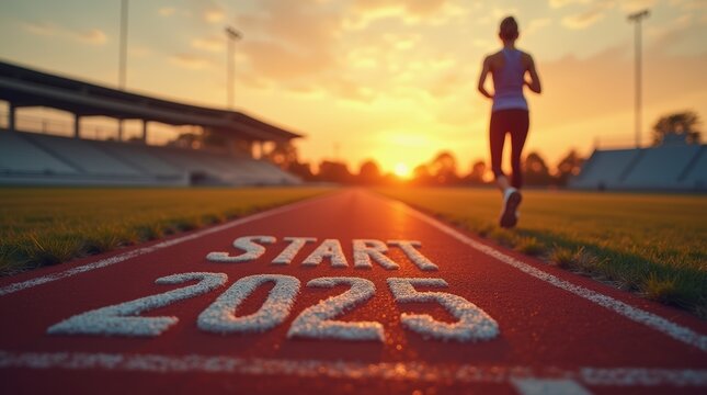 New year resolution 2025 concept. Word "Start 2025" written on athletics track and athlete woman runner preparing for new year at sunset for challenge and change