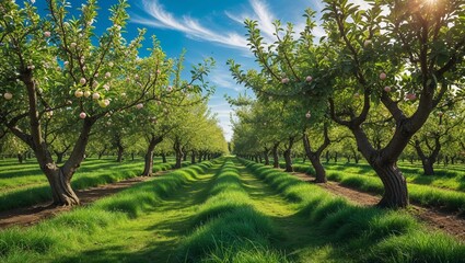 Fototapeta premium Lush orchard with blooming trees under a bright blue sky