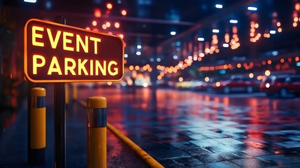 Event parking sign in a parking lot with cars and lights