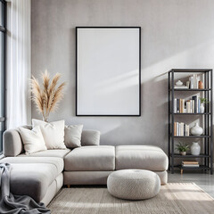 Modern Living Room with Leaning Frame Mockup and Minimalist Bookshelf Decor