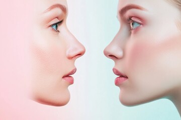 Comparison of aging signs and youthful features in two faces side by side in bright studio setting. Generative AI