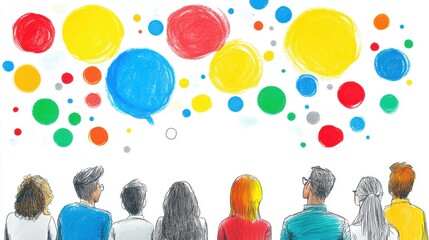 A group of people looking up at colorful circles floating in the air.