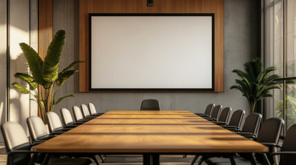 Modern Conference Room – Sleek Wooden Table, Ergonomic Chairs & Presentation Screen