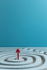 A red arrow pointing upwards in front of a blue background. The arrow is on a white surface, and it is a part of a maze. Concept of challenge and determination