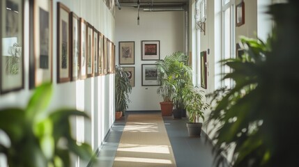 A hallway with plants and art on the walls.