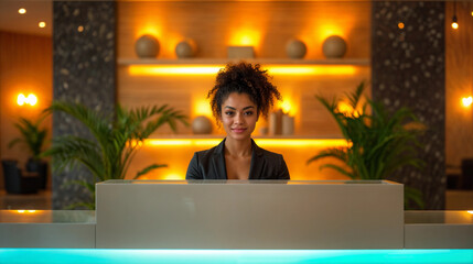 Portrait of a young black woman receptionist at a modern hotel