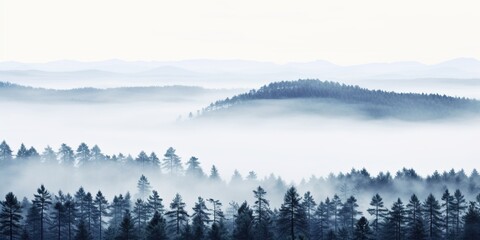Fototapeta premium A Serene Misty Forest Landscape Featuring Soft Hills Surrounded By Enveloping Fog