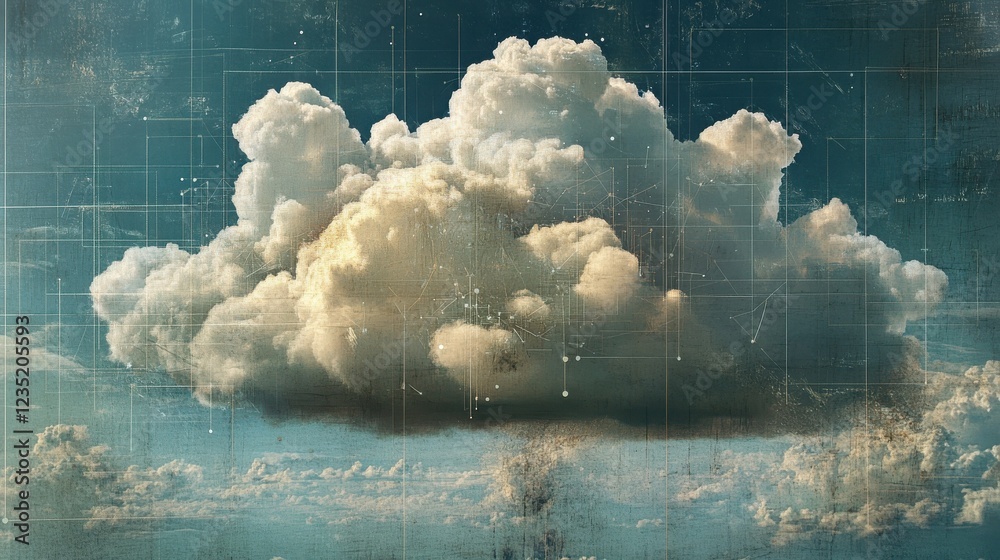 Poster a digital representation of a cloud with connected network nodes, symbolizing cloud computing and da