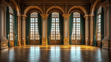 Grand hall with arched windows and green drapes. Sunlight illuminates polished wooden floor