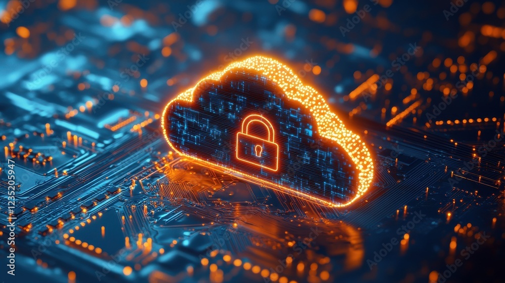 Poster glowing cloud with a padlock is floating over a circuit board, representing the concept of cloud com