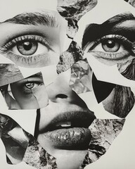 Surreal Abstract Collage of a Woman&rsquo;s Face with Fragmented Eyes and Textures