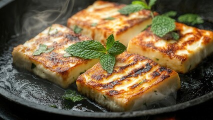 Grilled Halloumi with Fresh Mint Leaves Served in a Skillet