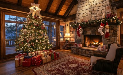 Cozy Christmas living room with fireplace, decorated tree, and presents.