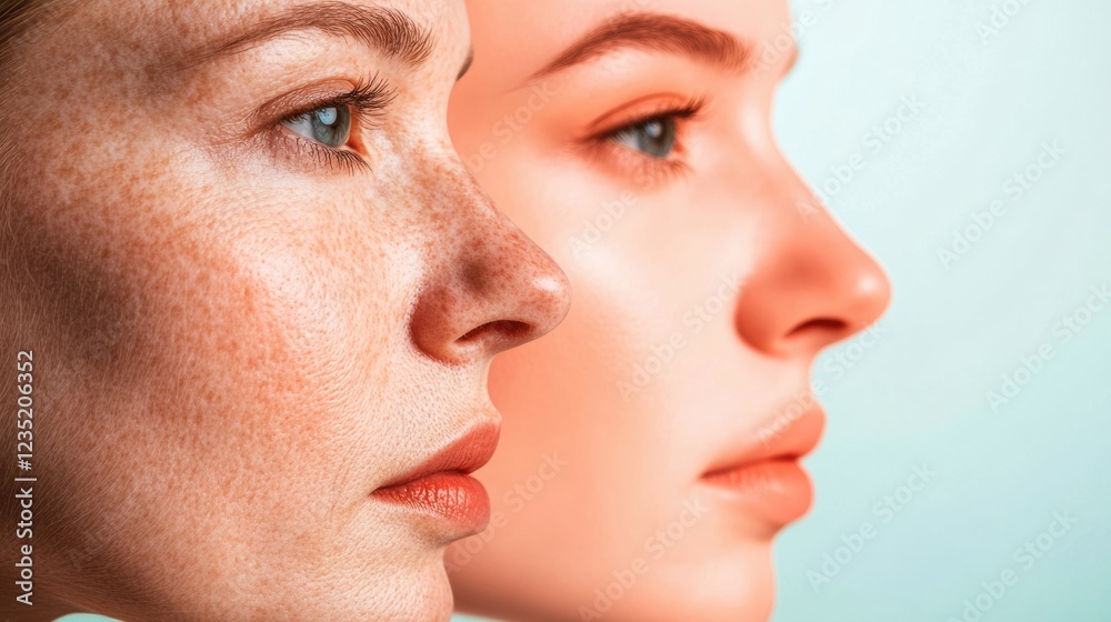 Poster contrast of youth and age shown through two faces with distinct characteristics and expressions side