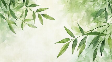 A detailed watercolor illustration of bamboo leaves in green tones, framed by a soft textured background.