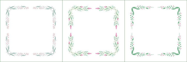 Set of three elegant green vegetal ornamental frame with pink flowers, decorative border. Isolated vector illustration	