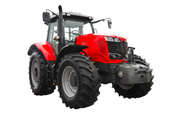 Big red agricultural tractor, front view