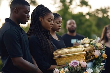Grieving family holding golden urn with flowers at funeral service
