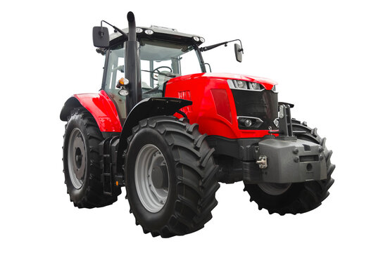 Big red agricultural tractor, front view