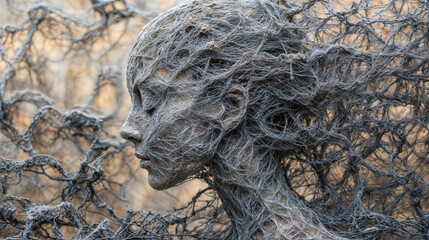 Conceptual portrait of a young woman with her face surrounded by branches and roots. Conceptual image of mental illness