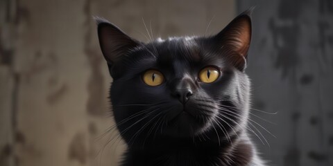 Fototapeta premium A black cat with a paw print on its forehead and a subtle smile, animal lover, mystery