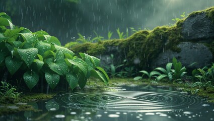 Rainfall over lush green plants by a calm water pond