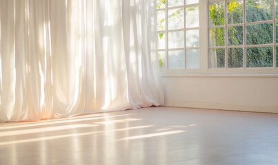 Sunlight streams through sheer curtains in a bright room