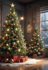 A festive Christmas tree with New Year's decorations and snowflakes in the background,  evergreen tree,  snow-covered branches