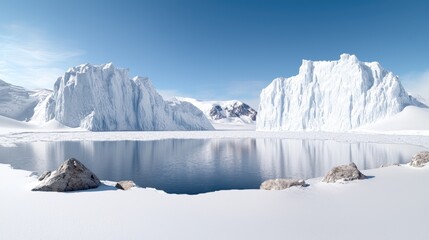 Antarctic iceberg landscape, calm water reflection, glacial mountains. Use Travel brochure