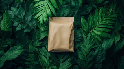 biodegradable paper packaging with natural textures, placed on leafy background