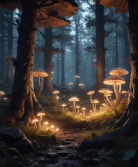 A glowing forest with luminescent mushrooms and trees,  surreal,  mushrooms