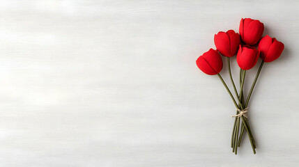 Obraz premium Red tulips tied in a bouquet lie on a light grey textured background.