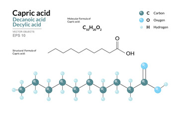 Capric Acid. Decanoic or Decylic Acid. Structural Chemical Formula and 3d Model of Molecule. C10H20O2. Atoms with Color Coding. Vector graphic Illustration for educational materials