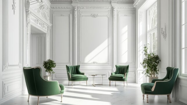 Luxury clean bright white interior with a old antique vintage green chairs over wall design bas-relief stucco mouldings roccoco elements